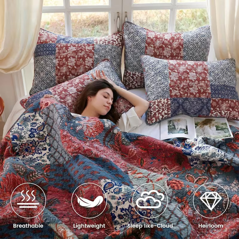 3-Piece Queen Size Bohemian Quilted Duvet Cover and Sheet Set - Lightweight and Breathable Double-Sided Design