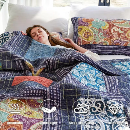 3-Piece Queen Size Bohemian Quilted Duvet Cover and Sheet Set - Lightweight and Breathable Double-Sided Design