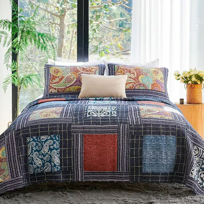3-Piece Queen Size Bohemian Quilted Duvet Cover and Sheet Set - Lightweight and Breathable Double-Sided Design