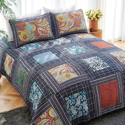 3-Piece Queen Size Bohemian Quilted Duvet Cover and Sheet Set - Lightweight and Breathable Double-Sided Design