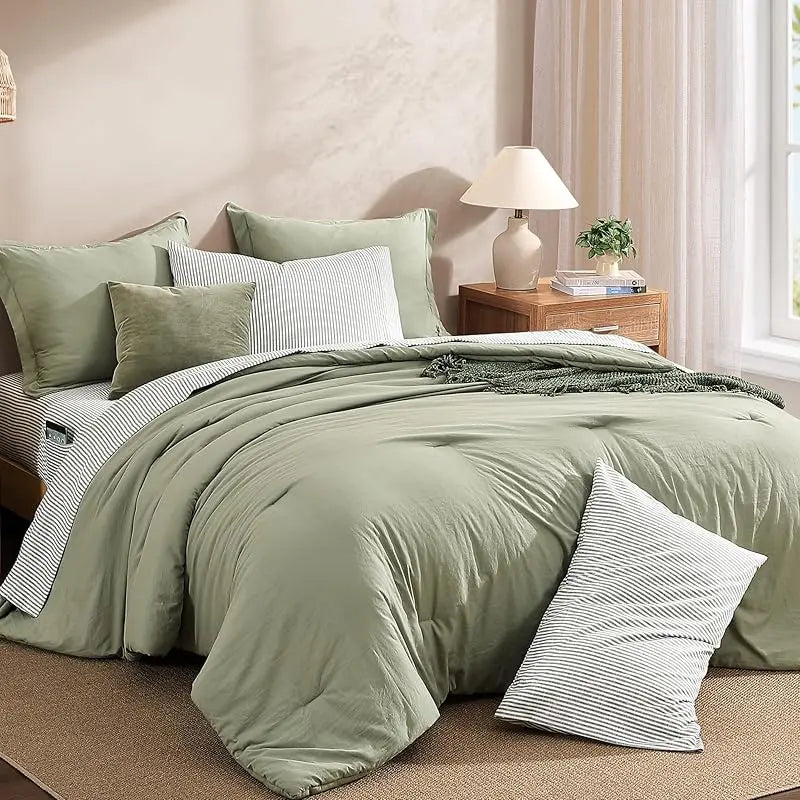 7-Pieces Microfiber Comforter Set, with Double Sided Storage Pockets, 1 Comforter, 2 Pillowcases, 2 Shams, 1 Flat & 1 Fitted Sheet