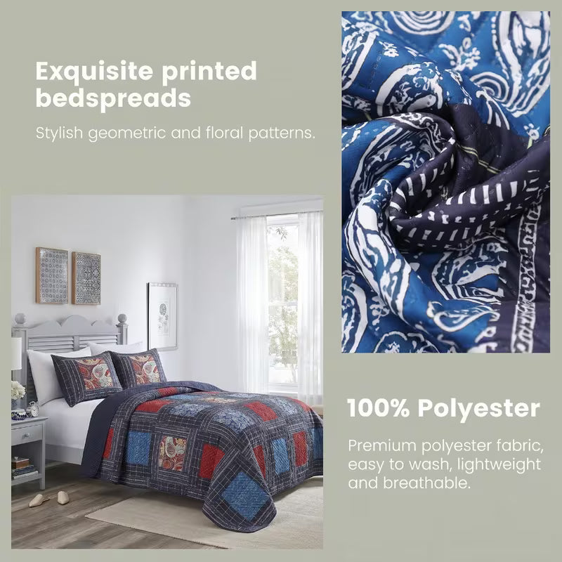 3-Piece Queen Size Bohemian Quilted Duvet Cover and Sheet Set - Lightweight and Breathable Double-Sided Design