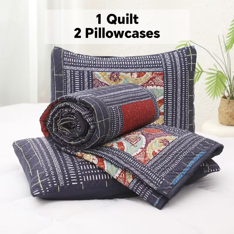 3-Piece Queen Size Bohemian Quilted Duvet Cover and Sheet Set - Lightweight and Breathable Double-Sided Design