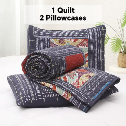 3-Piece Queen Size Bohemian Quilted Duvet Cover and Sheet Set - Lightweight and Breathable Double-Sided Design