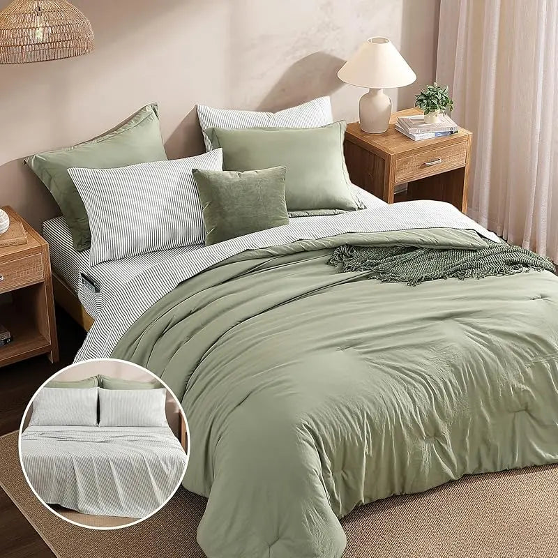 7-Pieces Microfiber Comforter Set, with Double Sided Storage Pockets, 1 Comforter, 2 Pillowcases, 2 Shams, 1 Flat & 1 Fitted Sheet