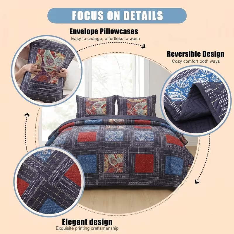 3-Piece Queen Size Bohemian Quilted Duvet Cover and Sheet Set - Lightweight and Breathable Double-Sided Design