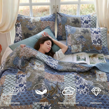3-Piece Queen Size Bohemian Quilted Duvet Cover and Sheet Set - Lightweight and Breathable Double-Sided Design